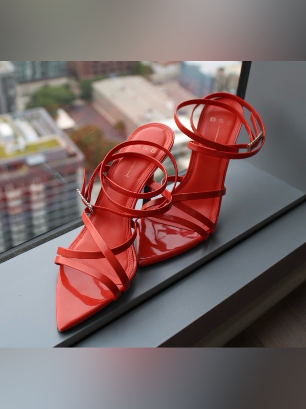 Orange Patent Strappy Pointed-Toe Heels with Ankle Wrap